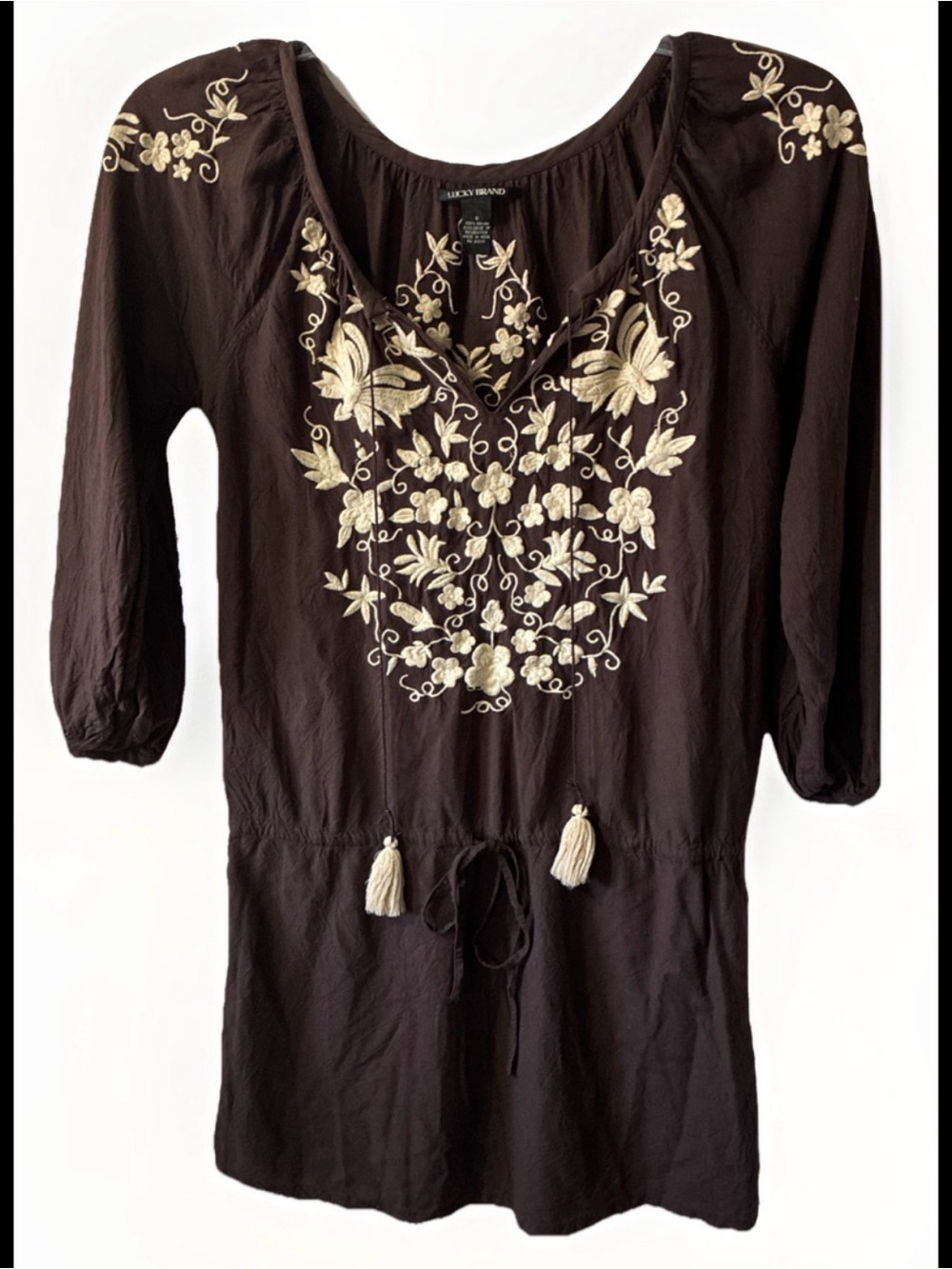 Lucky Brand Boho Embroidered Peasant Tunic Dress/Top Brown Cream Floral Sz S EUC